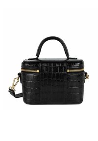 Borsa nera in pelle stampata a forma di coccodrillo con design strutturato, manico superiore, chiusura con zip, hardware in tonalità oro e tracolla regolabile.
