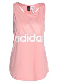Canottiera rosa realizzata in tessuto morbido, con un grande logo bianco "adidas", design con spalline incrociate e orlo arrotondato.