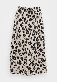 Maxi-hame leopard-kuvioisella beige-värillä, jossa on mustia täpliä. Hameessa on elastinen vyötärö ja napitettava etuosa, joka helpottaa käyttöä. Pehmeä kangas.