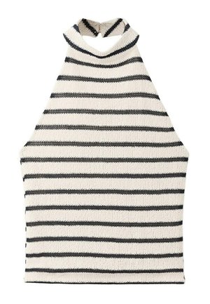 Haut sans manches en tricot avec des rayures horizontales noires et blanches et un col montant.