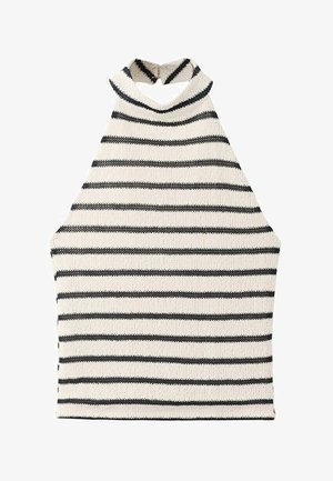 Haut sans manches en tricot avec des rayures horizontales noires et blanches et un col montant.