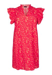 Vestido floral rojo con mangas cortas con volantes, con escote en V y patrones de flores amarillas dispersos en una tela ligera.