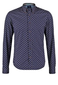 Camisa de manga larga azul marino con un pequeño patrón floral blanco, cuello abotonado y botones marrones, hecha de una tela suave.