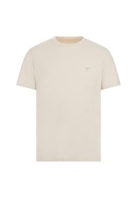 Beige Kurzarm-T-Shirt aus weichem Stoff, mit einem kleinen, geprägten Dreieck-Logo auf der linken Brustseite. Glatte Textur.