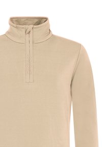 Beiger Langarmpullover mit Viertel-Reißverschluss, hohem Kragen und dezentem vertikalem Logo auf der Reißverschlusslasche.