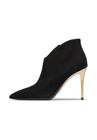Stivale alla caviglia in suede nero con punta affusolata, dotato di un tacco stiletto dorato e una elegante chiusura zip laterale.