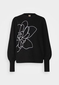 Schwarzer Pullover mit rundem Ausschnitt und aufgepufften Ärmeln, der auf der Vorderseite ein weißes Blumenmuster in Umrisszeichnung zeigt. Gerippte Bündchen und Saum.