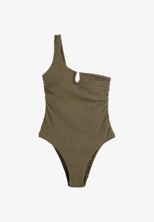 Maillot de bain marron côtelé à une épaule avec une petite ouverture en forme de trou de serrure à l'avant et des découpes hautes sur les jambes.