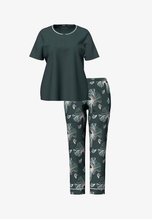 Ulla Popken, PYJAMAS, GINKGO PATTERN, CREW NECK, SHORT SLEEVE SET - Nattøj sæt - dark grey green