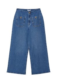 Pantaloni in denim a gamba larga, colore azzurro chiaro, design a cinque tasche con bottoni in ottone, orli dritti e texture morbida.