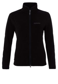 Veste polaire noire à zip intégral, col montant et manches longues, avec un logo discret Schöffel sur la poitrine gauche.