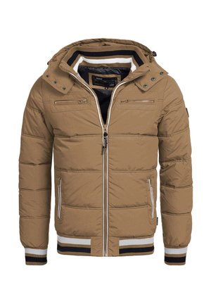 Smeđa puffer jakna s kapuljačom, prednjim zatvaračem, prugastim rebrastim manžetama i dva zatvorena džepa na prsima. Tkani materijal s quilted teksturom.