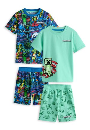 Dos conjuntos de camisetas infantiles de manga corta con temática de Minecraft y pantalones cortos a juego, con gráficos de Creeper y TNT.