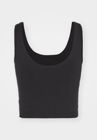 Top corto nero con scollo a barca, realizzato in tessuto morbido. Presenta spalline larghe e un design aderente.