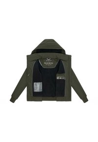 Veste matelassée verte avec capuche, dotée d'un intérieur noir, de fermetures éclair et d'instructions d'entretien imprimées sur un panneau latéral.