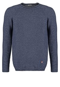 Marinblå stickad tröja med rundad hals, långa raglanärmar, ribbade muddar och fåll, med en liten logotyp applikation på undersidan.