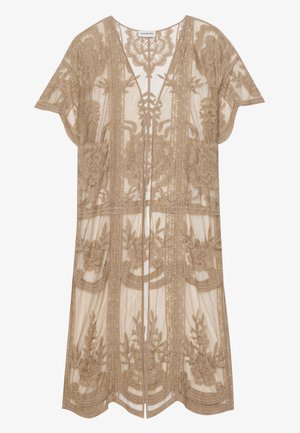 Beige gjennomsiktig kimono med blomsterbroderi og dekorative kanter. Har v-hals og korte ermer, åpen frontdesign.