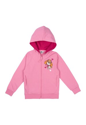 Felpa con zip di colore rosa, con una texture morbida. Presenta un cappuccio con cordino, due tasche anteriori e una grafica di un cane con cuori sul lato sinistro.
