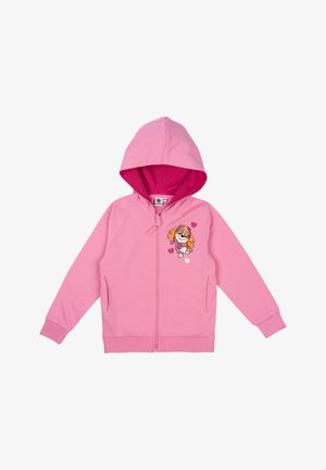 Felpa con zip di colore rosa, con una texture morbida. Presenta un cappuccio con cordino, due tasche anteriori e una grafica di un cane con cuori sul lato sinistro.