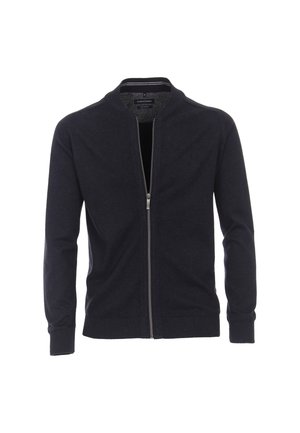 Dunkelblaues Zip-Cardigan, gestrickter Stoff, Stehkragen, lange Ärmel, gerippte Bündchen und Saum, mit einem subtilen Logo auf der Brust.