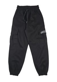 Pantaloni cargo neri con vita elastica, coulisse regolabile, tasche laterali cargo e toppa logo bianca sulla gamba sinistra. Tessuto resistente.