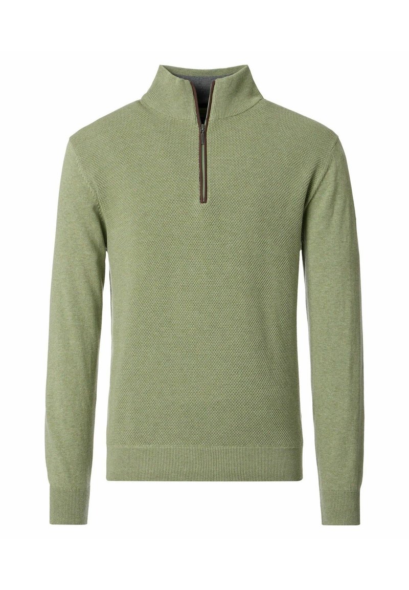 Grüner Strickpullover mit hohem Kragen und halbseitigem Reißverschluss. Texturiertem Stoff mit langen Ärmeln sowie gerippten Bündchen und Saum.