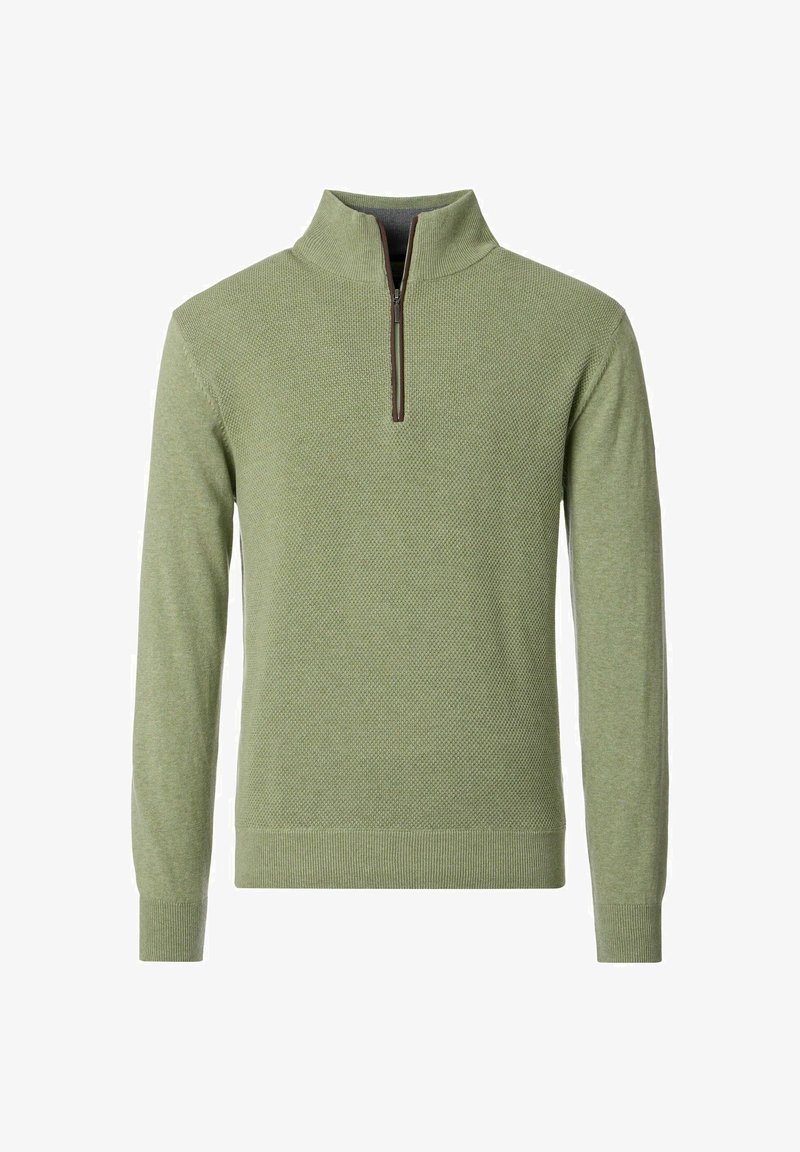 Grüner Strickpullover mit hohem Kragen und halbseitigem Reißverschluss. Texturiertem Stoff mit langen Ärmeln sowie gerippten Bündchen und Saum.