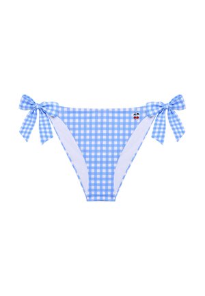 Blauwe en witte geruite bikinibroek met strikjes aan weerszijden. Heeft een kleine geborduurde detail nabij de tailleband.
