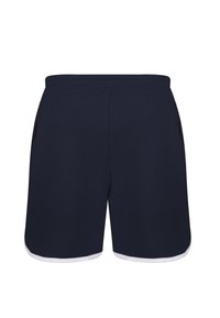 Marineblauwe sportshorts met een relaxte pasvorm, uitgerust met twee zijzakken, een witte rand langs de zoom en een zachte, ademende textuur.