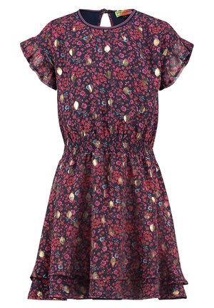 Floral dress in navy with pink and gold accents. Short ruffled sleeves, smocked waist, and a keyhole opening at the back. Lightweight fabric.