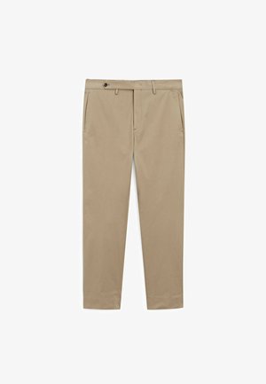 Pantaloni beige in misto cotone, con vita piatta, passanti per cintura, tasche laterali e design a gamba affusolata.