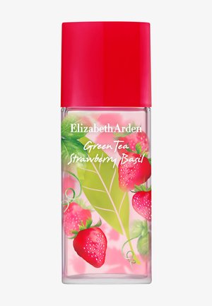 Flakon des Parfums Elizabeth Arden Green Tea Strawberry Basil mit rotem Deckel, verziert mit Erdbeeren und grünen Blättern auf klarem Glas.