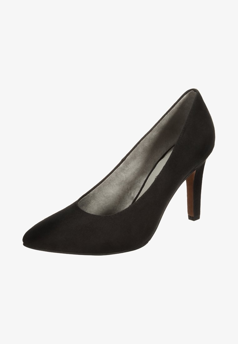 Escarpin pour femme en suède noir, à talon haut et bout pointu, talon fin, incliné pour montrer l'intérieur et la semelle.