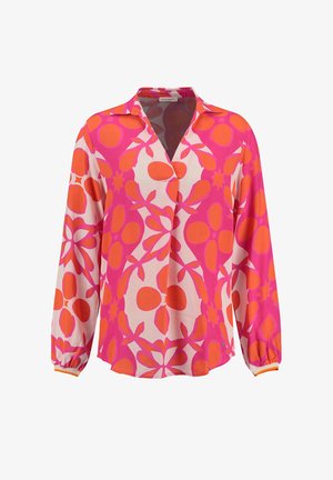 Langärmlige Bluse im pinken und orangefarbenen Blumenmuster. Mit Kragen, Knopfleiste und elastischen Bündchen für eine lässige Passform.