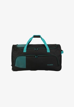 Bolsa de viaje negra con acentos turquesa, que cuenta con dobles cremalleras, un panel texturizado y asas resistentes para un transporte fácil.