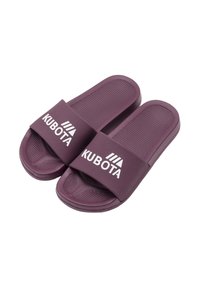 Sandales violettes avec semelle intérieure texturée et large bride portant le logo blanc "KUBOTA" et des lignes décoratives. Design léger et décontracté.