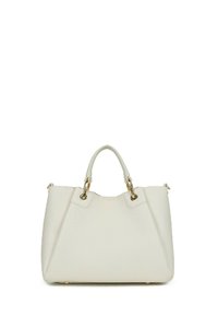 Borsa bianca testurizzata con hardware in tono oro, doppi manici superiori, una forma strutturata e un design triangolare distintivo alla base.