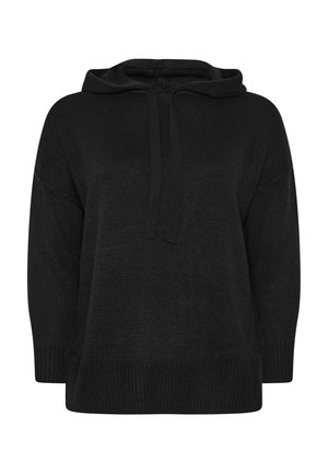Hoodie in maglia nera con una vestibilità comoda, dotato di un cordino al collo, maniche lunghe e orlo e polsini a coste. Texture morbida.