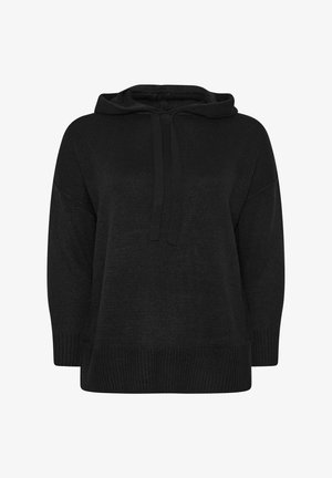 Hoodie noir en tricot avec une coupe décontractée, doté d'un cordon de serrage au niveau du cou, de manches longues et d'un ourlet et de poignets côtelés. Texture douce.