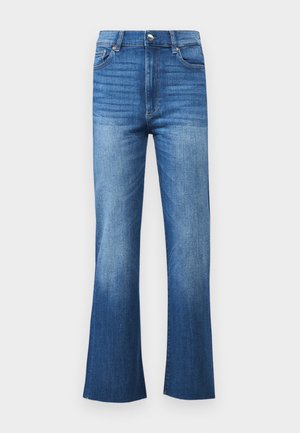 Jeans s flared z gradientom od svetlo do temno modre, visok pas, zasnova s petimi žepi in surov rob na gležnjih.