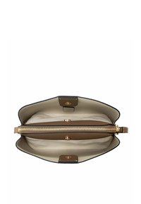 Czarna skórzana torebka w środku z beżową podszewką, dwa przedziały i kieszeń na zamek błyskawiczny. Posiada złote akcesoria i zapięcie na zatrzask.