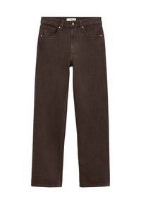 Brown wide-leg jeans made from denim, featuring a classic five-pocket design, button closure, and subtle stitching details.