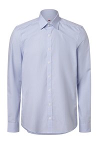 Blau-weißer karierter Langarmhemd mit Knopfleiste, klassischem Kragen und abgerundetem Saum, aus leichtem Stoff gefertigt.