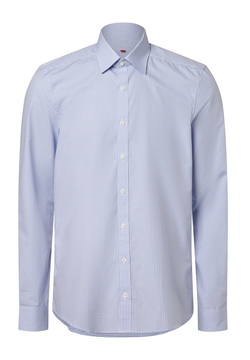 Blau-weißer karierter Langarmhemd mit Knopfleiste, klassischem Kragen und abgerundetem Saum, aus leichtem Stoff gefertigt.