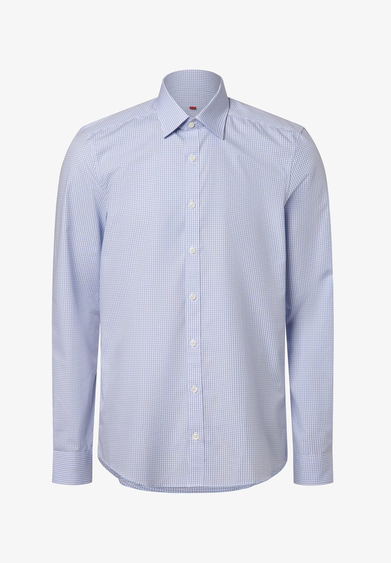 Blau-weißer karierter Langarmhemd mit Knopfleiste, klassischem Kragen und abgerundetem Saum, aus leichtem Stoff gefertigt.