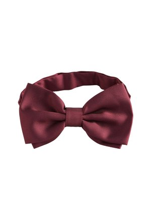 Burgundy satin bow tie with a smooth texture, featuring a central knot and wide, rounded ends. Ideal for formal occasions.