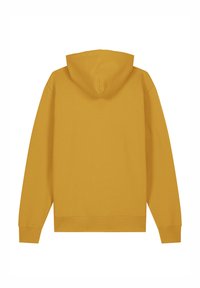 Haut à capuche jaune avec une texture douce, doté d'une capuche avec cordon de serrage et de manches longues. La vue arrière révèle un design simple et sans couture.