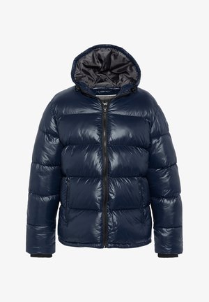 Marineblå quiltet jakke med en shiny finish, hætte, frontlynlås og to sidelommer. Polstrede sektioner skaber et struktureret udseende.