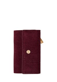 Burgundy textured leather wallet with gold-tone circular clasp and small leather tag, shown closed on white background.
