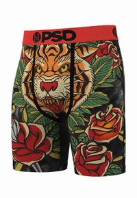 Męskie bokserki z czerwoną elastyczną gumką. Na czarnym tle wyrazisty nadruk tygrysa i róży, wykonane z elastycznej tkaniny.